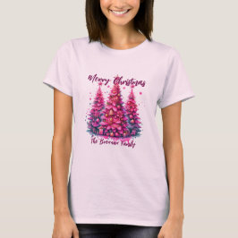 オーダーメイドのピンクのクリスマスツリーと家族 Tシャツ