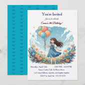 オーダーメイドのファンシーアニメ少女8歳誕生日パーティー 招待状 (正面/裏面)