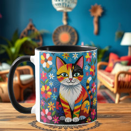 オーダーメイドのフォークアートの猫、フラワー、蝶々 マグカップ
