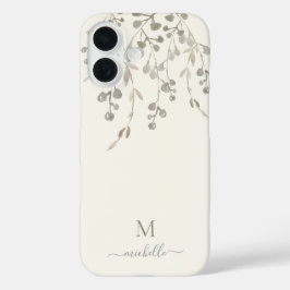 オーダーメイドのボタニカル水彩モノグラム アイボリー iPhone 16ケース