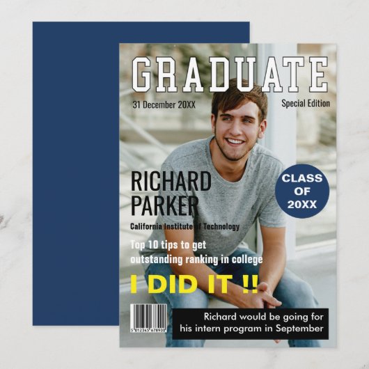 オーダーメイドのマガジン風 卒業おめでとうカード 招待状 (正面/裏面)