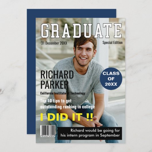 オーダーメイドのマガジン風 卒業発表カード 招待状 (正面/裏面)