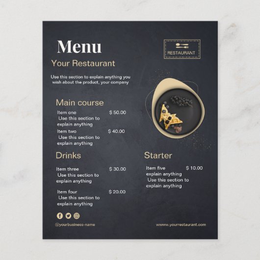 オーダーメイドのレストランメニュー | 黒のモダンな写真メニュー F チラシ (正面)