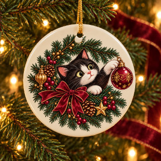 オーダーメイドのヴィンテージタキシード猫クリスマスオーナメント セラミックオーナメント