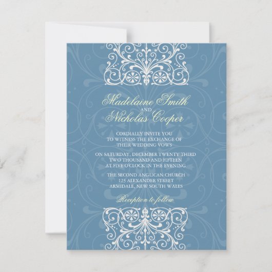 オーダーメイドのヴィンテージ風エアフォースブルーとイザベリン色の結婚式 招待状 (正面)