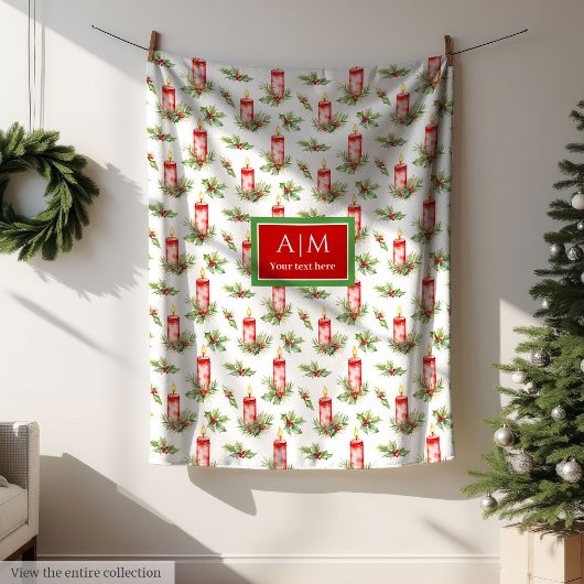 オーダーメイドの上品な水彩画風の赤いクリスマスのキャンドル フリースブランケット