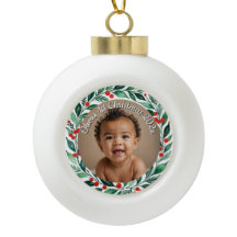 オーダーメイドの写真入りクリスマスヒイラギの陶器オーナメント