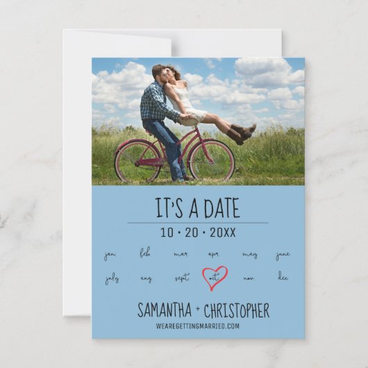 オーダーメイドの写真入りハートマーカー ブルー マグネット招待状 (正面)