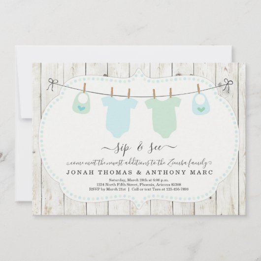 オーダーメイドの双子の男の子 Sip and See 招待状 (正面)