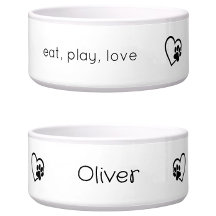 オーダーメイドの名前入り犬用食器 White Eat Play Love