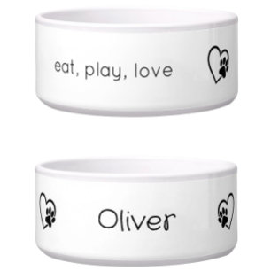 オーダーメイドの名前入り犬用食器 White Eat Play Love ボウル