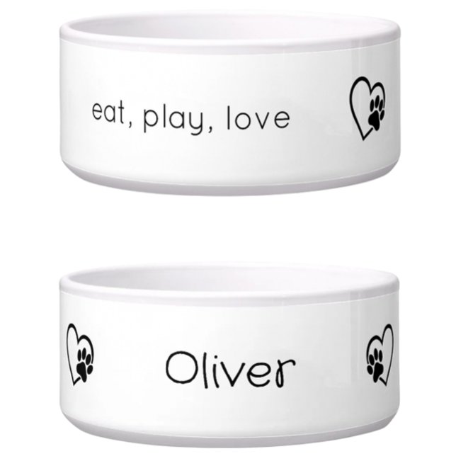 オーダーメイドの名前入り犬用食器 White Eat Play Love ボウル (クリエイターアップロード済み)