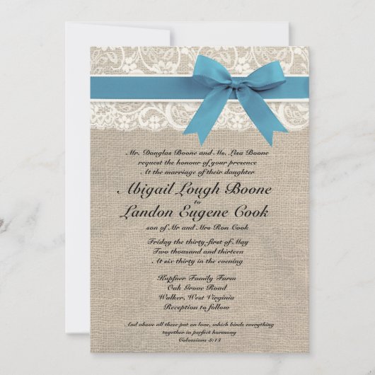 オーダーメイドの地中海風レースと麻のウェディング招待状 招待状 (正面)