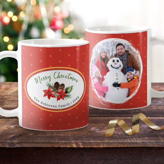 オーダーメイドの家族写真入りクリスマスポインセチア コーヒーマグカップ