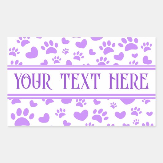 オーダーメイドの愛犬の足跡とハートのデザイン 紫色のペットグッズ 長方形シール (正面)