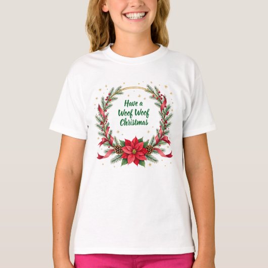 オーダーメイドの文字入りクリスマスTシャツ Woof Woof Tシャツ (正面)