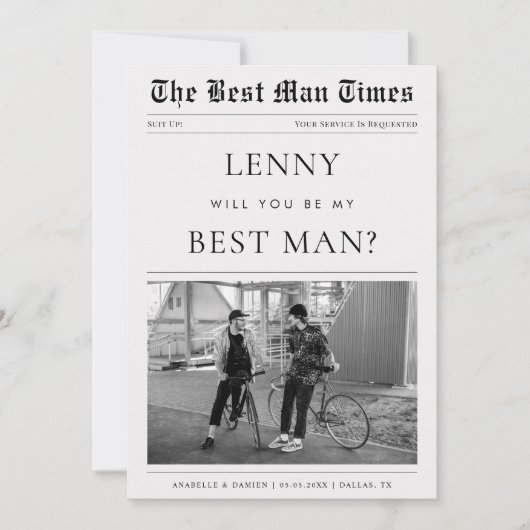 オーダーメイドの新聞風ユニークベストマン提案 招待状 (正面)