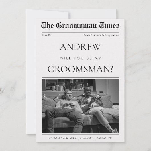 オーダーメイドの新郎介添人提案用ニュースペーパー写真 招待状 (正面)