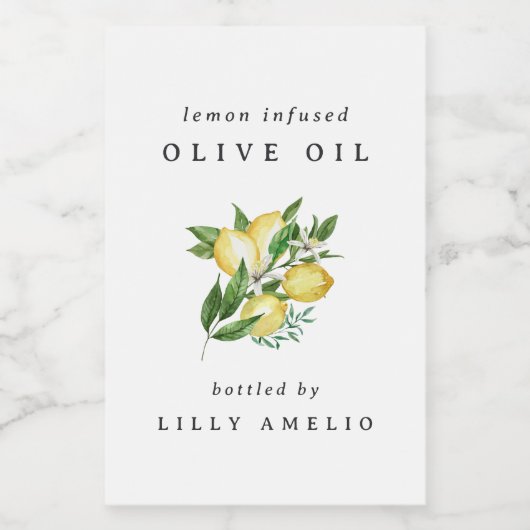 オーダーメイドの水彩画風オレンジ・レモン オリーブオイルボトル フードラベル (シングルラベル)