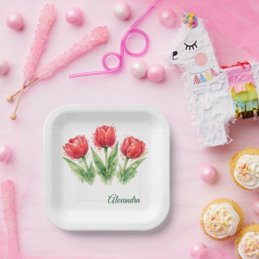 オーダーメイドの水彩画 赤いチューリップのトートバッグ ペーパープレート (パーティー)