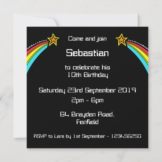 オーダーメイドの流れ星の誕生日招待状 (裏面)