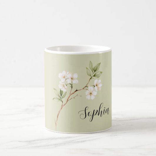 オーダーメイドの淡い緑と白の花 コーヒーマグカップ (中央)