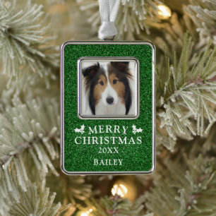 オーダーメイドの犬の写真入りメリークリスマス シルバープレートフレームオーナメント