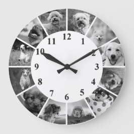 オーダーメイドの犬の時計 白黒のカスタムフォトコラージュ ラージ壁時計