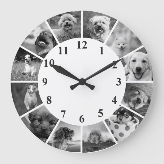 オーダーメイドの犬の時計 白黒のカスタムフォトコラージュ ラージ壁時計 (正面)