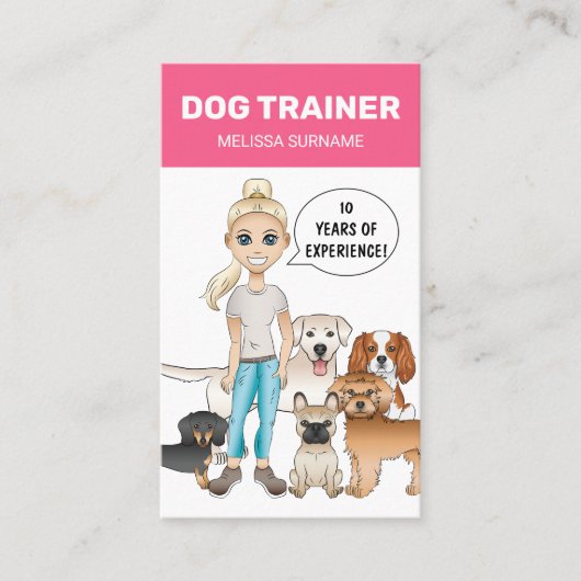 オーダーメイドの犬トレーナー向けデザイン ブロンドの女性と犬 名刺 (正面)