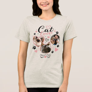 オーダーメイドの猫の写真のコラージュと名前入り Cat Mom トライブレンドTシャツ