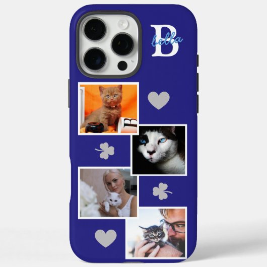 オーダーメイドの猫の写真コラージュモノグラム ブルー Case-Mate iPhoneケース (裏面)