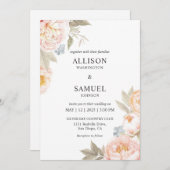 オーダーメイドの白い青いベリーと桃の花のウェディング 招待状 (正面/裏面)