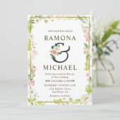 オーダーメイドの白と緑、ピンクのフレームの花飾りのウェディング 招待状 (スタンド正面)