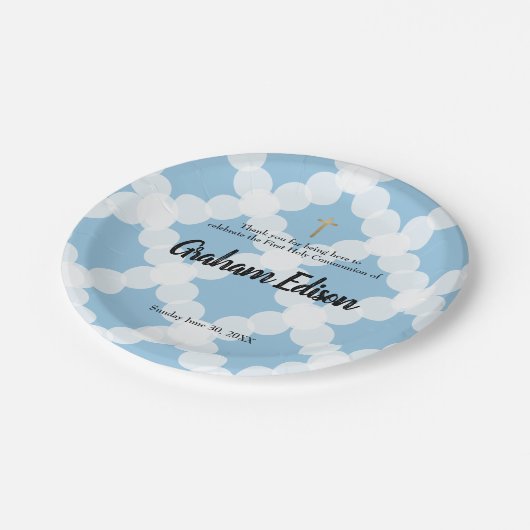 オーダーメイドの白青金クロス　初めての聖体拝領 ペーパープレート (アングル)