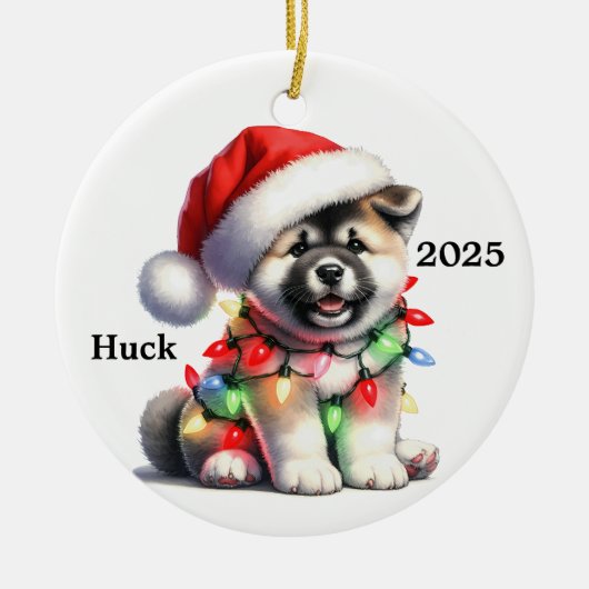 オーダーメイドの秋田犬のクリスマス犬 セラミックオーナメント (正面)