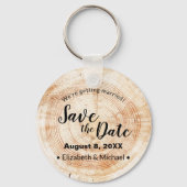 オーダーメイドの素朴な木製カットディスク ウェディング セーブ・ザ・デート キーホルダー (正面)