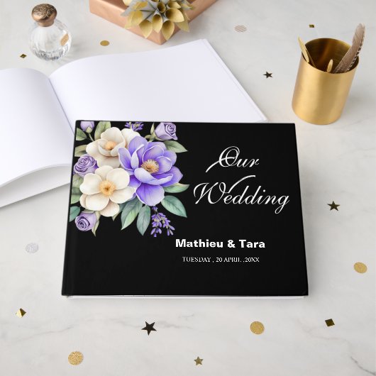 オーダーメイドの紫の花束の結婚式 ゲストブック (正面見開き)
