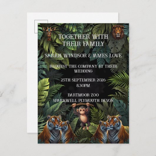 オーダーメイドの結婚式動物園招待状 案内ポストカード (正面/裏面)