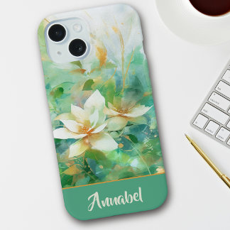 オーダーメイドの美しいフローラルウォーターカラーグリーン iPhone 15ケース