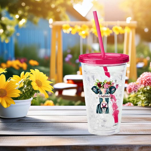 オーダーメイドの花柄の牛 アクリルタンブラー