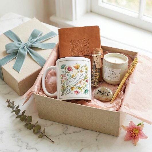オーダーメイドの花柄 Faith Hope Love コーヒーマグカップ