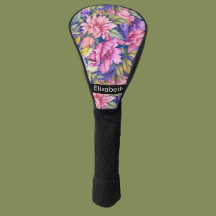オーダーメイドの華やかなピンクとパープルの花 ゴルフヘッドカバー
