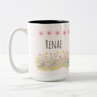 オーダーメイドの野の花と蝶々のマグカップ ツートーンマグカップ