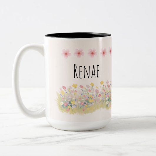 オーダーメイドの野の花と蝶々のマグカップ ツートーンマグカップ (左)