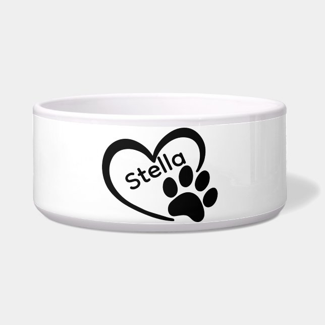オーダーメイドの陶器製犬用食器 ペット皿 名入れ 肉球プリント ボウル (正面)