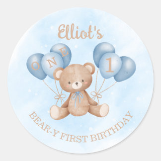 オーダーメイドの青いくまの1歳の誕生日ステッカー ラウンドシール