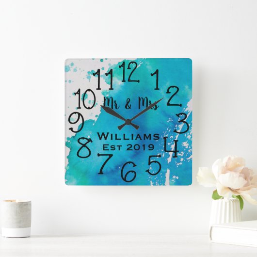 オーダーメイドの青と白の水彩画 スクエア壁時計 (ホーム)
