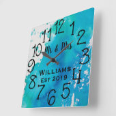 オーダーメイドの青と白の水彩画 スクエア壁時計 (傾斜)