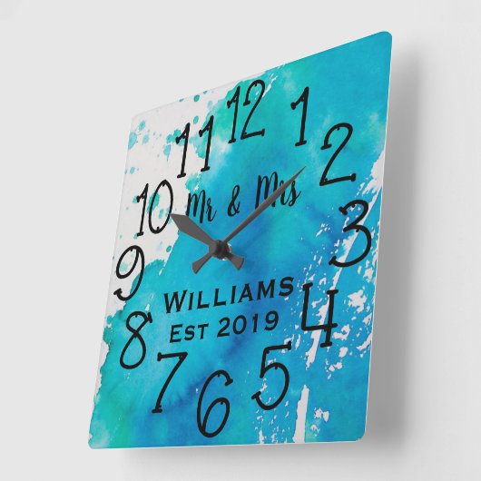 オーダーメイドの青と白の水彩画 スクエア壁時計 (傾斜)